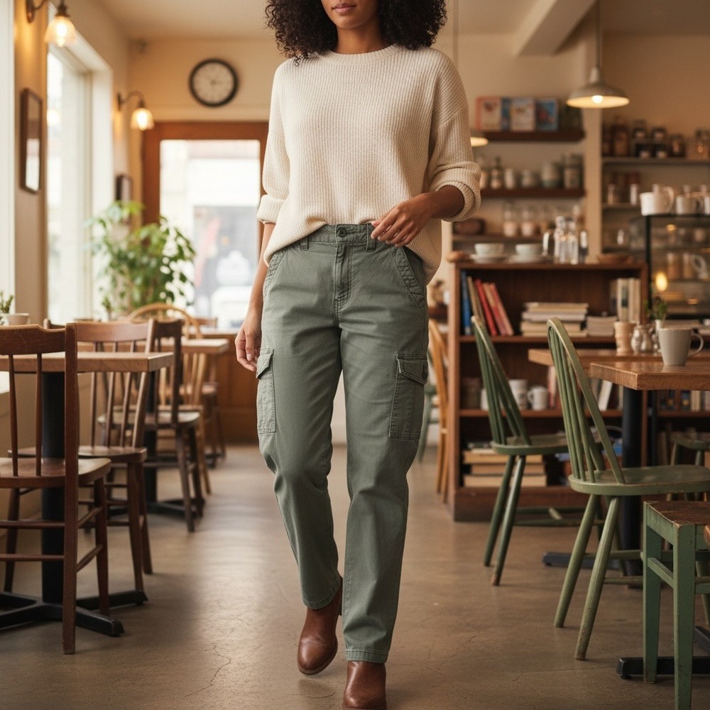 American Eagle Women's Cargo Pants Size 14 Regular Sage Green Stretch Wide Leg
